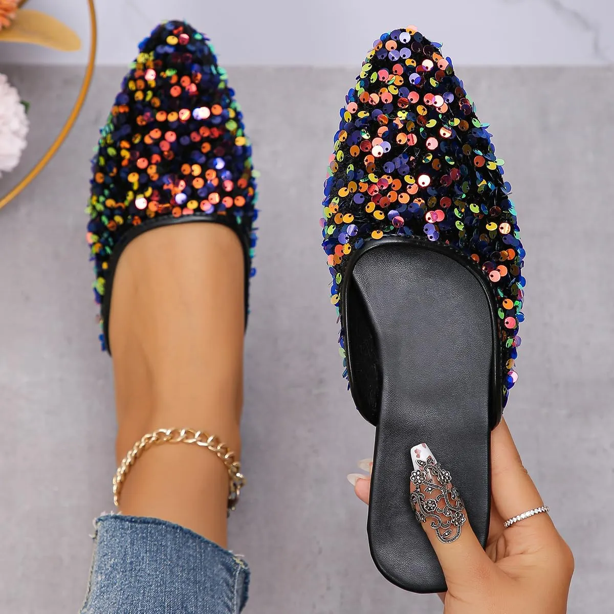 Women's Glitter Rhinestone Flat Mules Comfortable Soft Memory Foam Insole Cherry Pointed Rivet Mule Shoes
