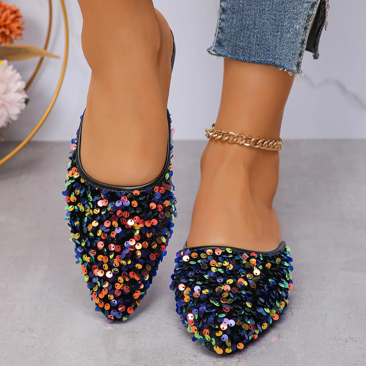 Women's Glitter Rhinestone Flat Mules Comfortable Soft Memory Foam Insole Cherry Pointed Rivet Mule Shoes
