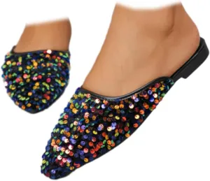 Women's Glitter Rhinestone Flat Mules Comfortable Soft Memory Foam Insole Cherry Pointed Rivet Mule Shoes