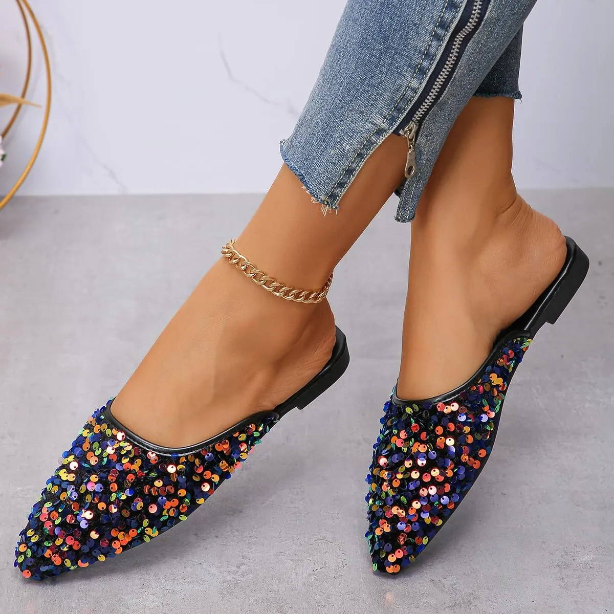 Women's Glitter Rhinestone Flat Mules Comfortable Soft Memory Foam Insole Cherry Pointed Rivet Mule Shoes
