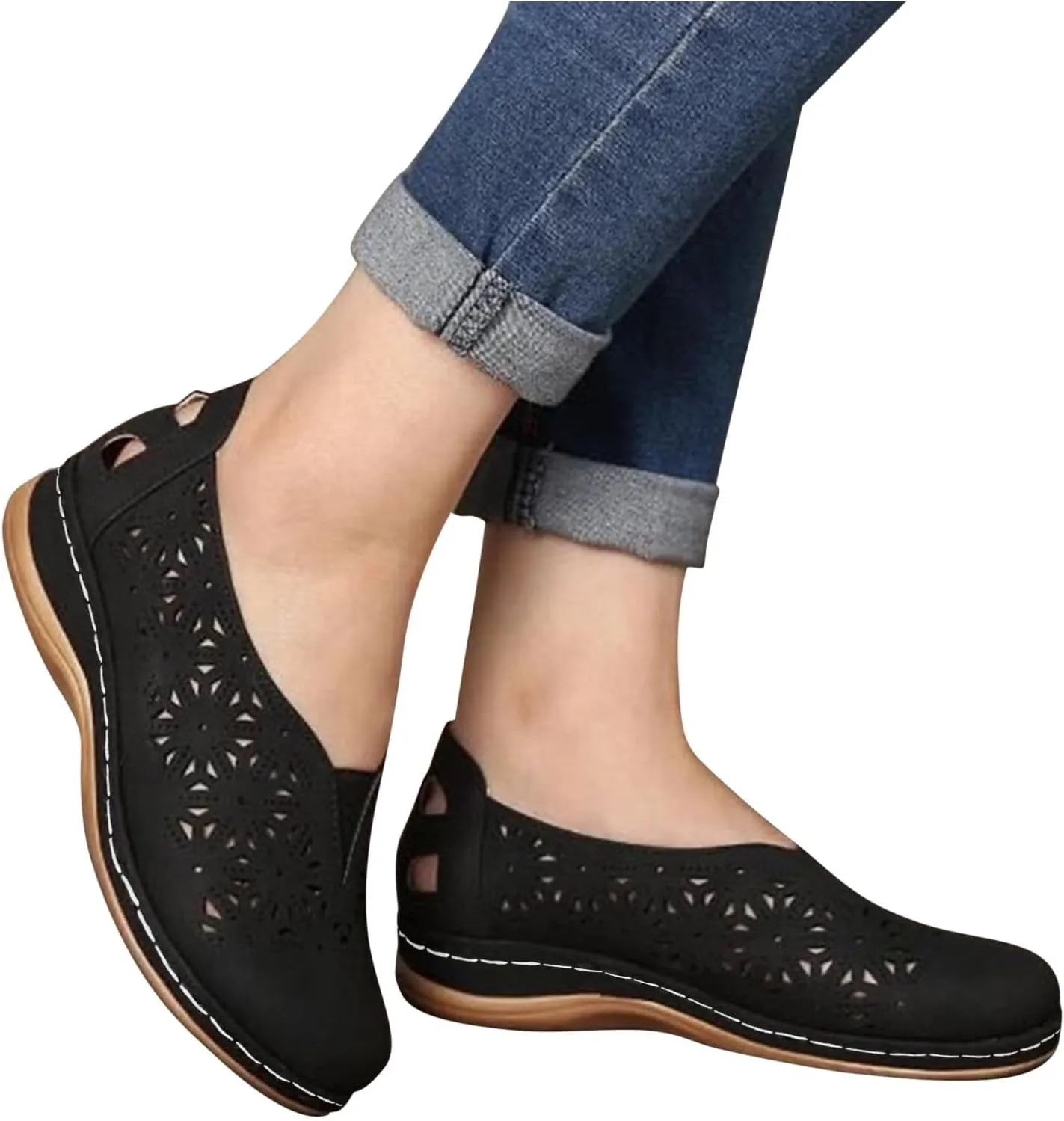 Womens Loafers Summer Comfortable Dressy Soft Plat Sandals Breathable Hollow Out Office Work Shoes Closed Toe Low Heel Walking Slip On Sandal for Women Casual Lightweight