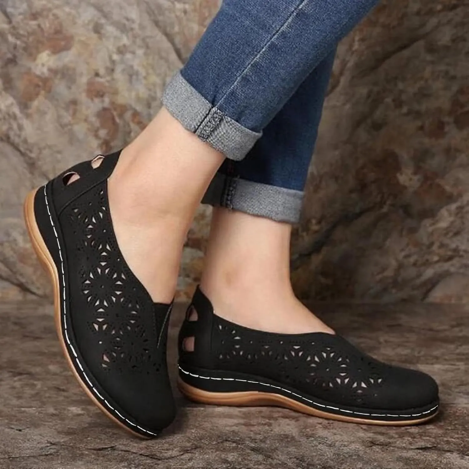 Womens Loafers Summer Comfortable Dressy Soft Plat Sandals Breathable Hollow Out Office Work Shoes Closed Toe Low Heel Walking Slip On Sandal for Women Casual Lightweight