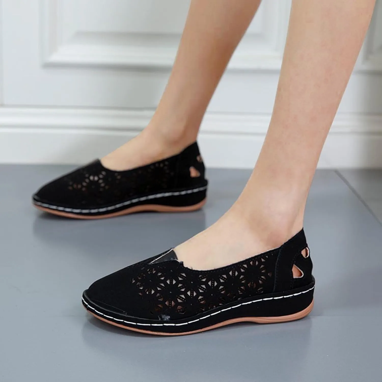 Womens Loafers Summer Comfortable Dressy Soft Plat Sandals Breathable Hollow Out Office Work Shoes Closed Toe Low Heel Walking Slip On Sandal for Women Casual Lightweight