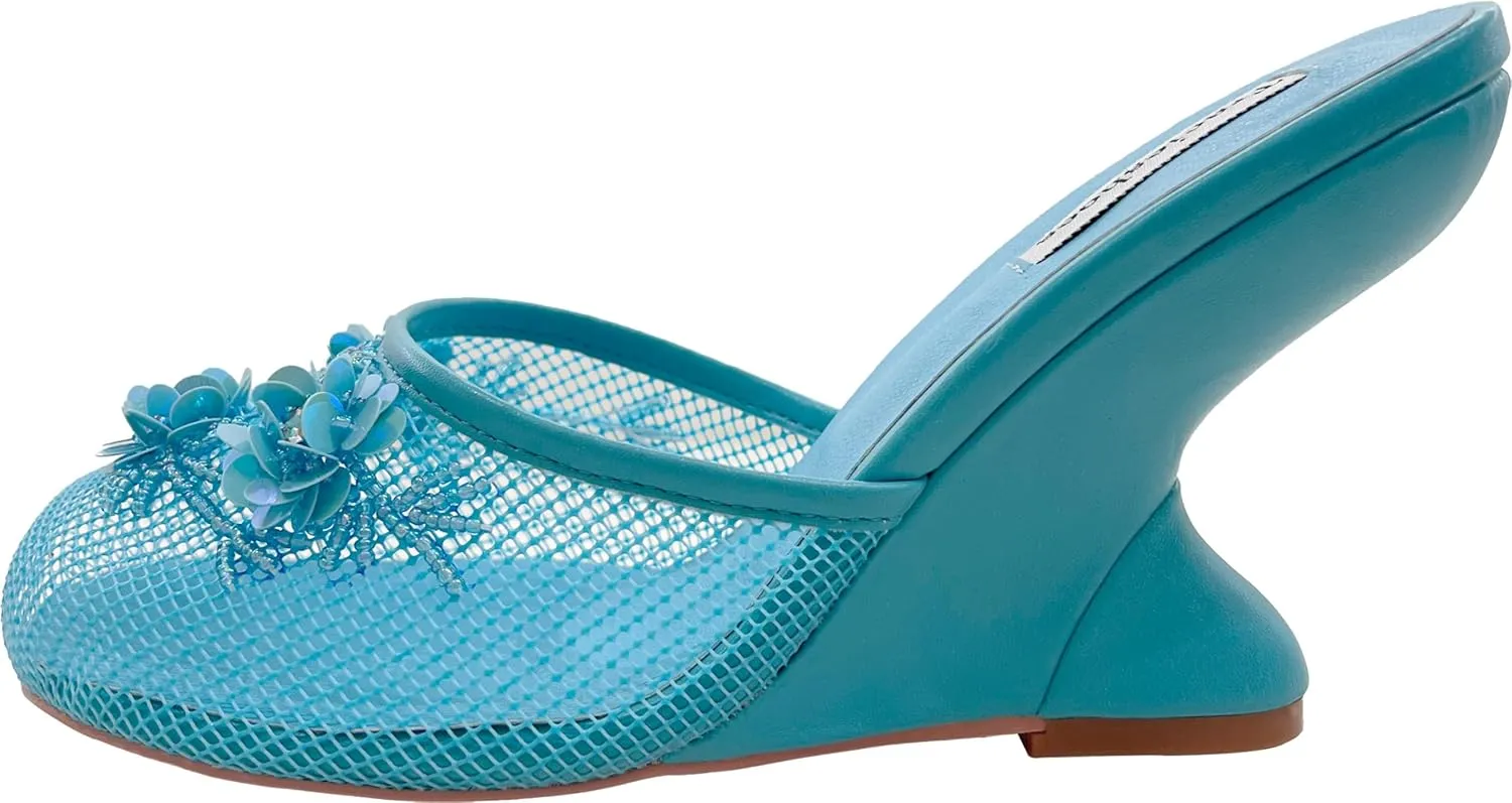 Women's Mesh Mule Slip On Sandals With Floral Sequin Embellishments Round Toe Wedge Heel Slides Slippers 4 Inch