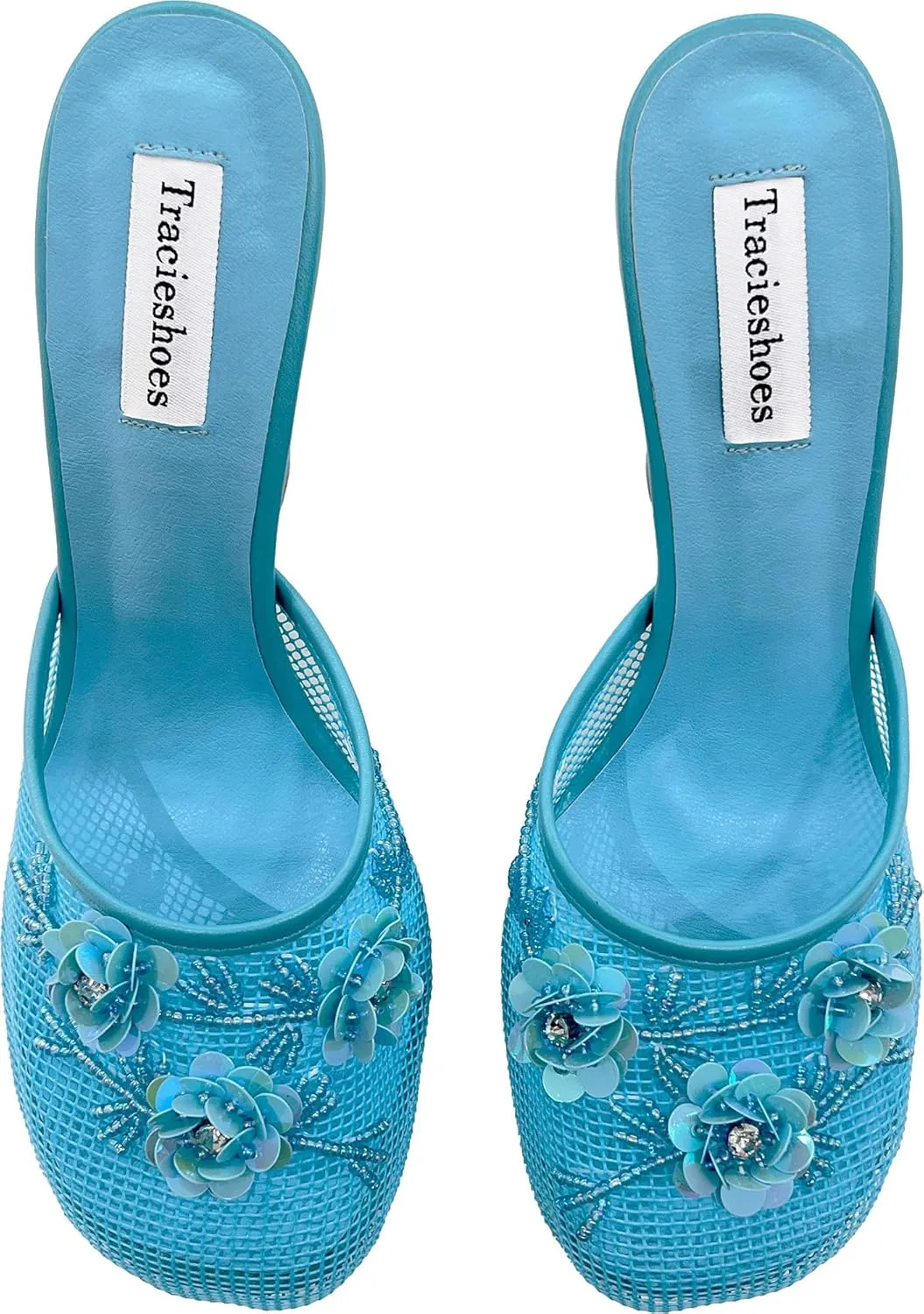 Women's Mesh Mule Slip On Sandals With Floral Sequin Embellishments Round Toe Wedge Heel Slides Slippers 4 Inch
