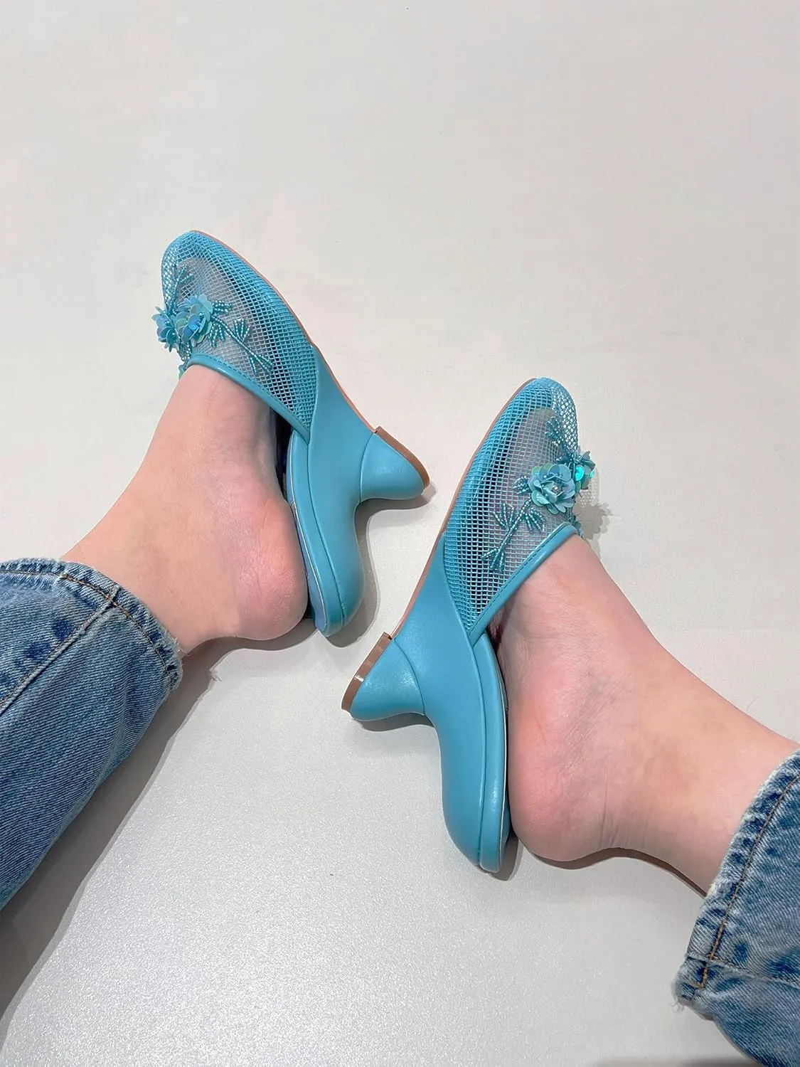 Women's Mesh Mule Slip On Sandals With Floral Sequin Embellishments Round Toe Wedge Heel Slides Slippers 4 Inch