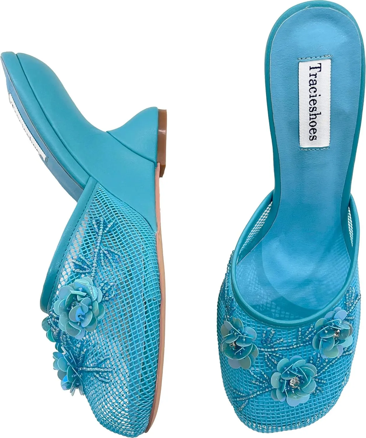 Women's Mesh Mule Slip On Sandals With Floral Sequin Embellishments Round Toe Wedge Heel Slides Slippers 4 Inch