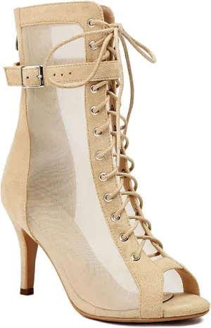 Women'S Mesh Peep Toe Stiletto Gladiator Ankle Boots With Zipper Classic Lace-Up Breathable Comfortable Round Non-Slip Party Dance Ankle Boots