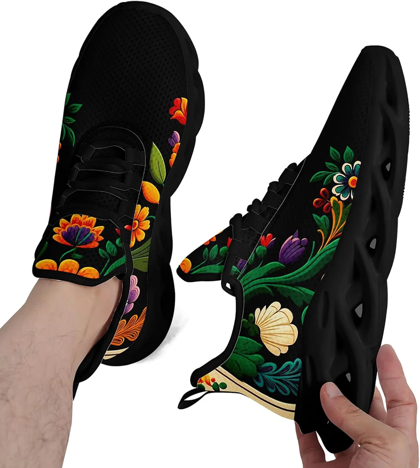 Women's Mexican Flower Running Shoes Vintage Floral Print Athletic Cushion Non Slip Sports Walking Sneaker Gym Tennis Shoes Mother's Gift