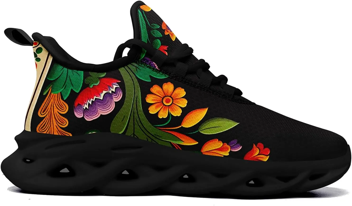 Women's Mexican Flower Running Shoes Vintage Floral Print Athletic Cushion Non Slip Sports Walking Sneaker Gym Tennis Shoes Mother's Gift