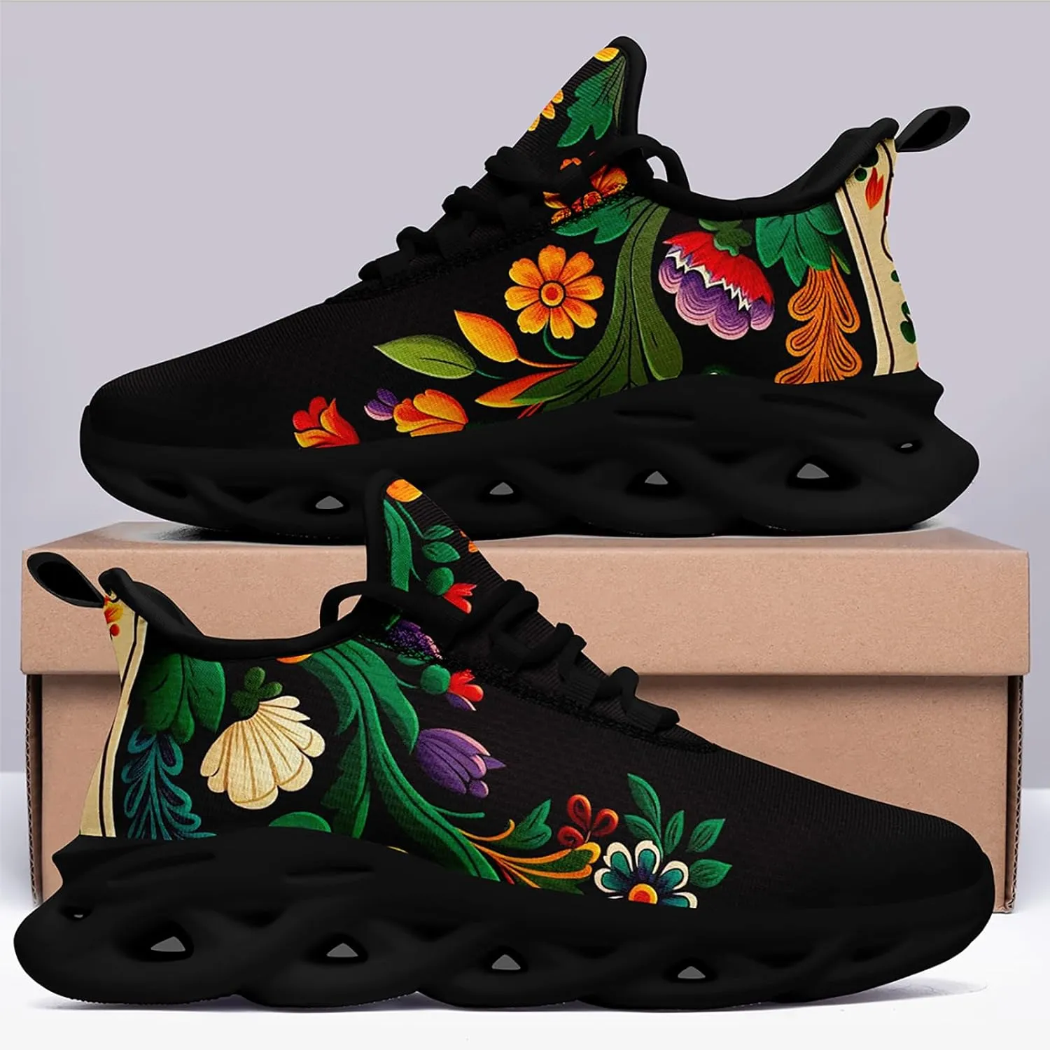 Women's Mexican Flower Running Shoes Vintage Floral Print Athletic Cushion Non Slip Sports Walking Sneaker Gym Tennis Shoes Mother's Gift