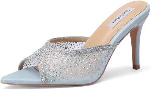 Women's Rhinestone Mesh Peep Toe Stiletto High Heels 3 inches Pointed Toe Crystal Mule Sandals Slides Slippers