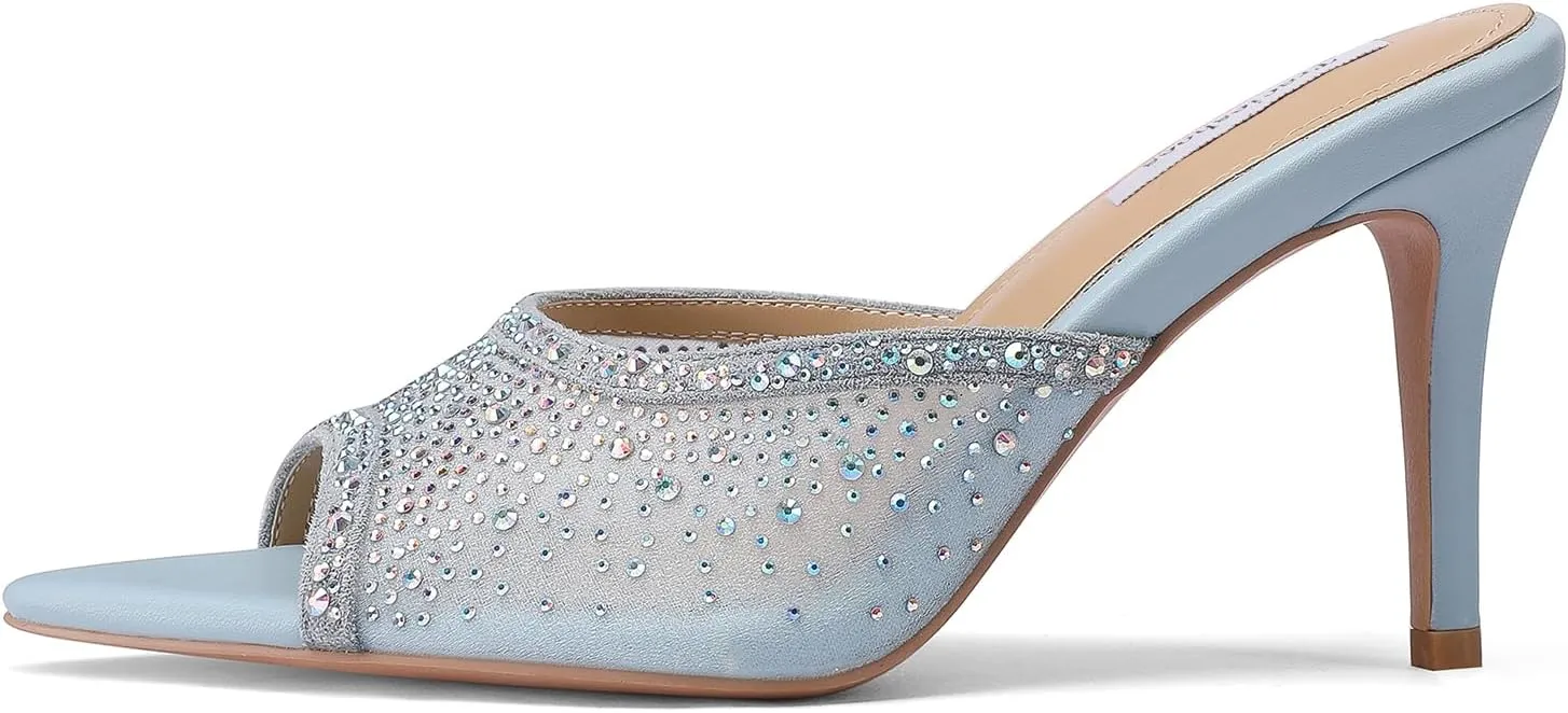 Women's Rhinestone Mesh Peep Toe Stiletto High Heels 3 inches Pointed Toe Crystal Mule Sandals Slides Slippers