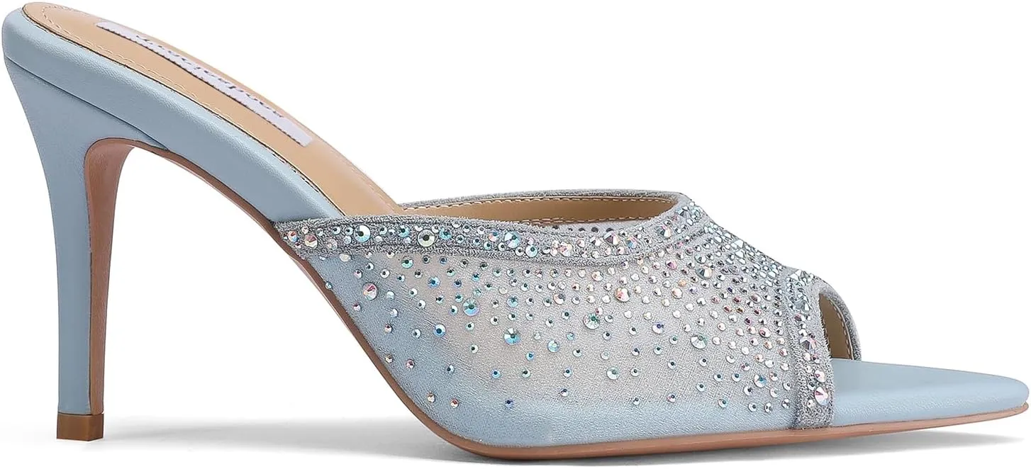 Women's Rhinestone Mesh Peep Toe Stiletto High Heels 3 inches Pointed Toe Crystal Mule Sandals Slides Slippers