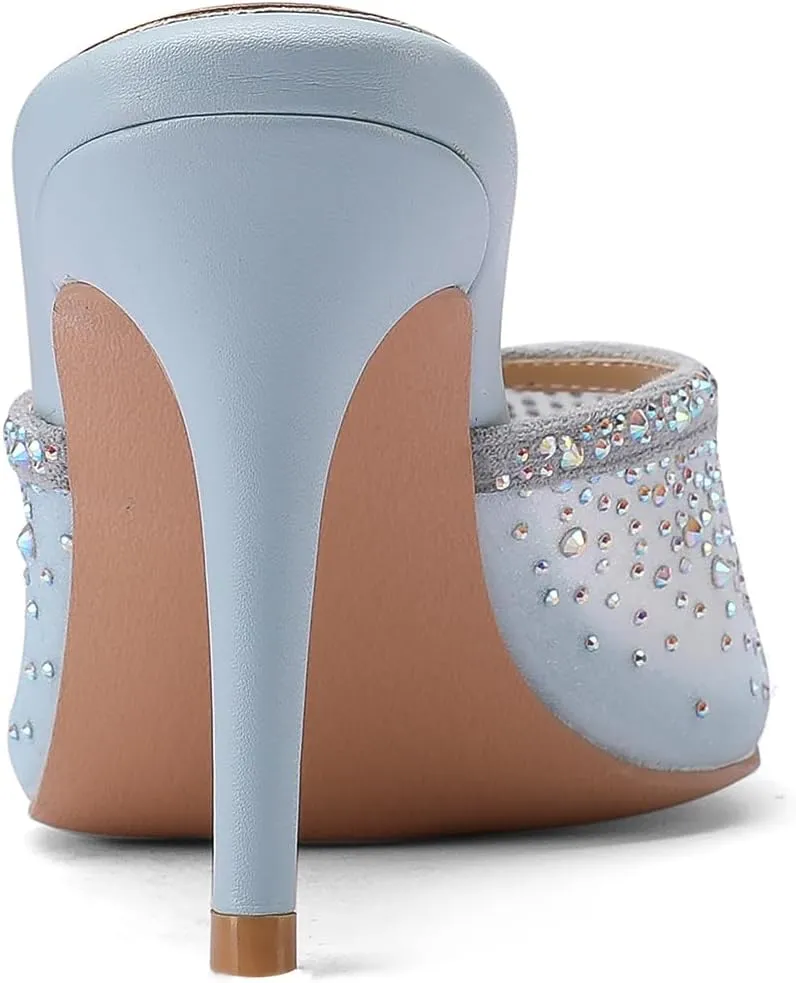 Women's Rhinestone Mesh Peep Toe Stiletto High Heels 3 inches Pointed Toe Crystal Mule Sandals Slides Slippers
