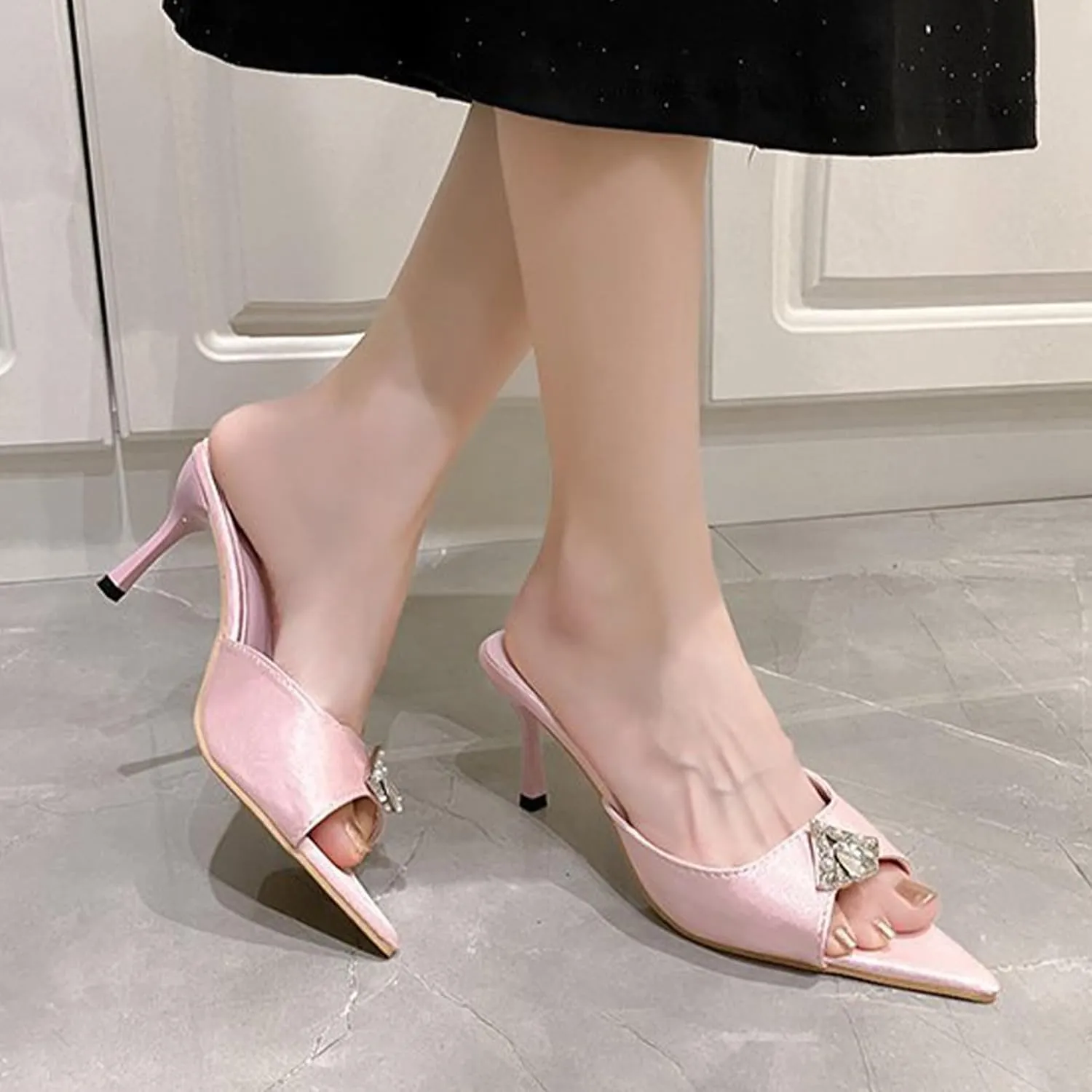Women's Satin Rhinestone Pointed Open Toe Kitten Heel Slip On Mule Sandals Sexy Stiletto Backless Comfortable Non-slip Sandals Summer Party Prom Wedding Dress Slippers