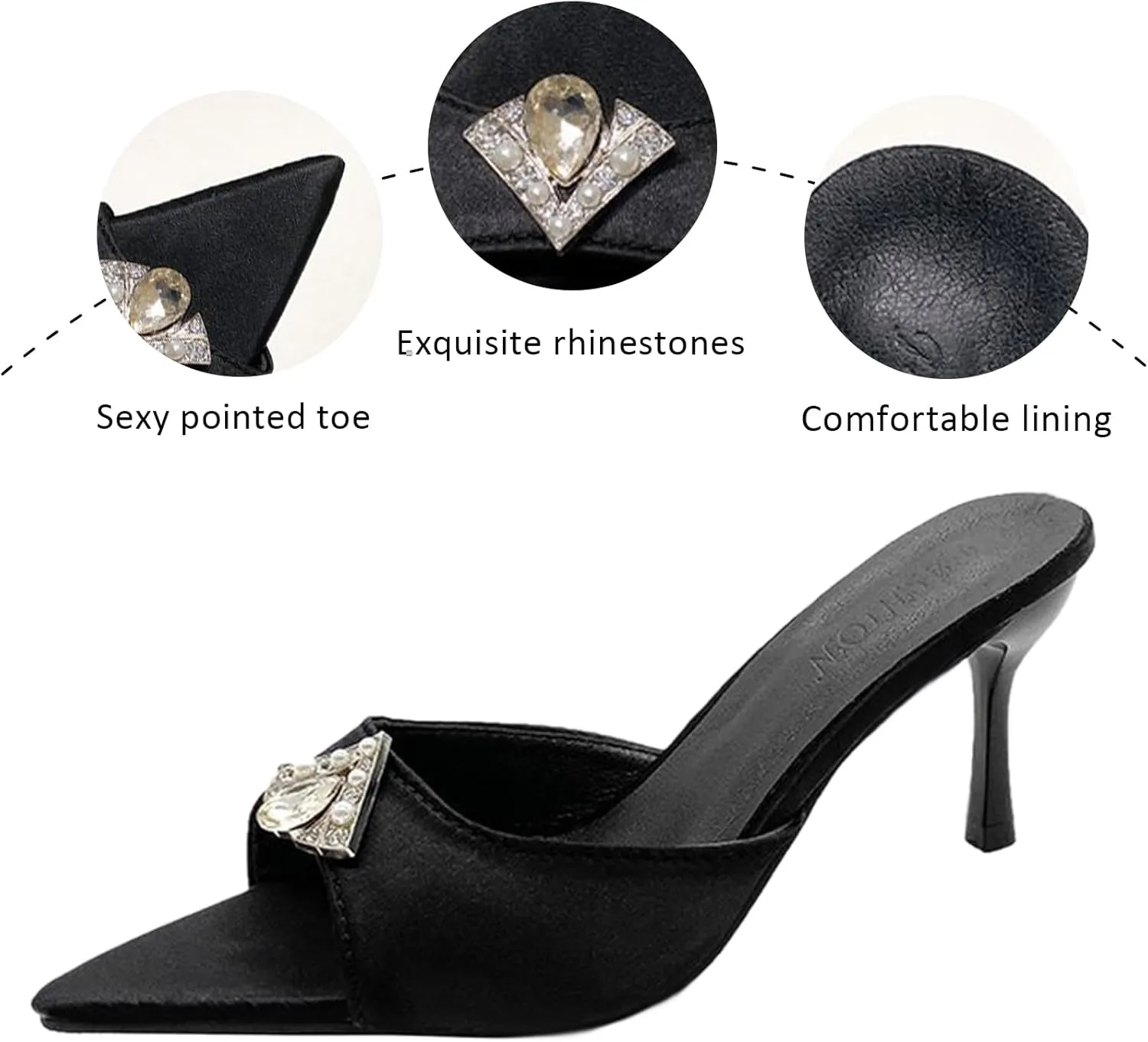 Women's Satin Rhinestone Pointed Open Toe Kitten Heel Slip On Mule Sandals Sexy Stiletto Backless Comfortable Non-slip Sandals Summer Party Prom Wedding Dress Slippers