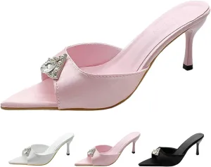 Women's Satin Rhinestone Pointed Open Toe Kitten Heel Slip On Mule Sandals Sexy Stiletto Backless Comfortable Non-slip Sandals Summer Party Prom Wedding Dress Slippers