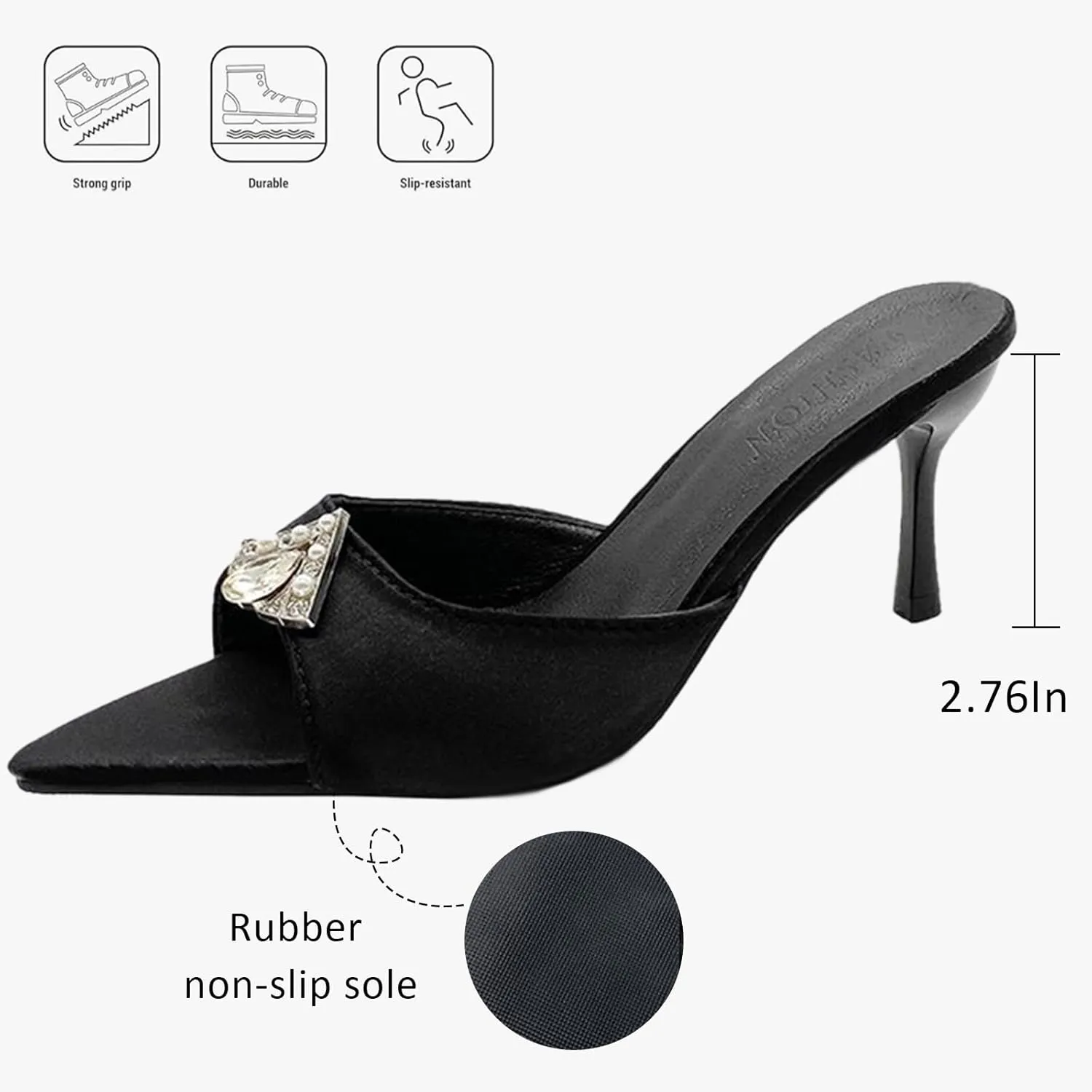 Women's Satin Rhinestone Pointed Open Toe Kitten Heel Slip On Mule Sandals Sexy Stiletto Backless Comfortable Non-slip Sandals Summer Party Prom Wedding Dress Slippers