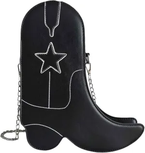 Women's Small Black Western Unique Cowboy Boot Shaped Vegan Leather Crossbody Purse Bag with Silver Chain