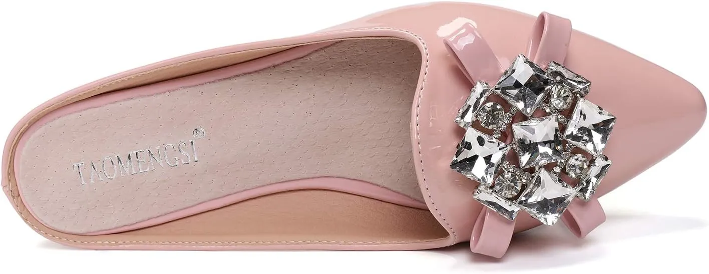 Women's Suede Leather Mules Mules for Woman Rhinestone Flats Comfortable Slip on Women Mule Shoe