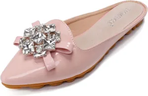 Women's Suede Leather Mules Mules for Woman Rhinestone Flats Comfortable Slip on Women Mule Shoe