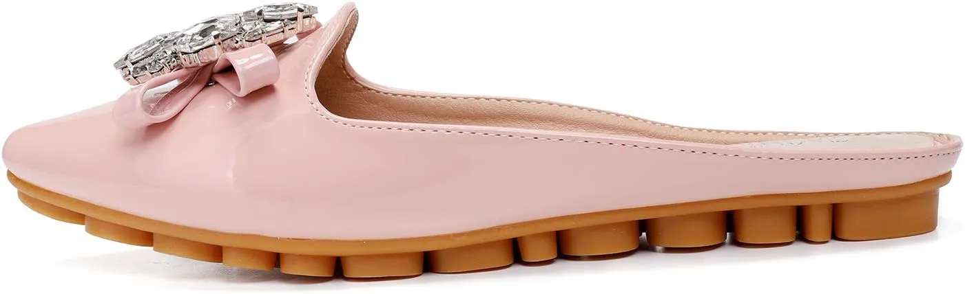 Women's Suede Leather Mules Mules for Woman Rhinestone Flats Comfortable Slip on Women Mule Shoe
