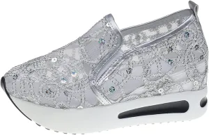 Womens Tennis Shoes Embroidery Floral Mesh Breathable Sneakers Platform Wedge Non-Slip Athletic Walking Shoes Comfort Chunky Sole Hidden High Heels Slip On Loafers