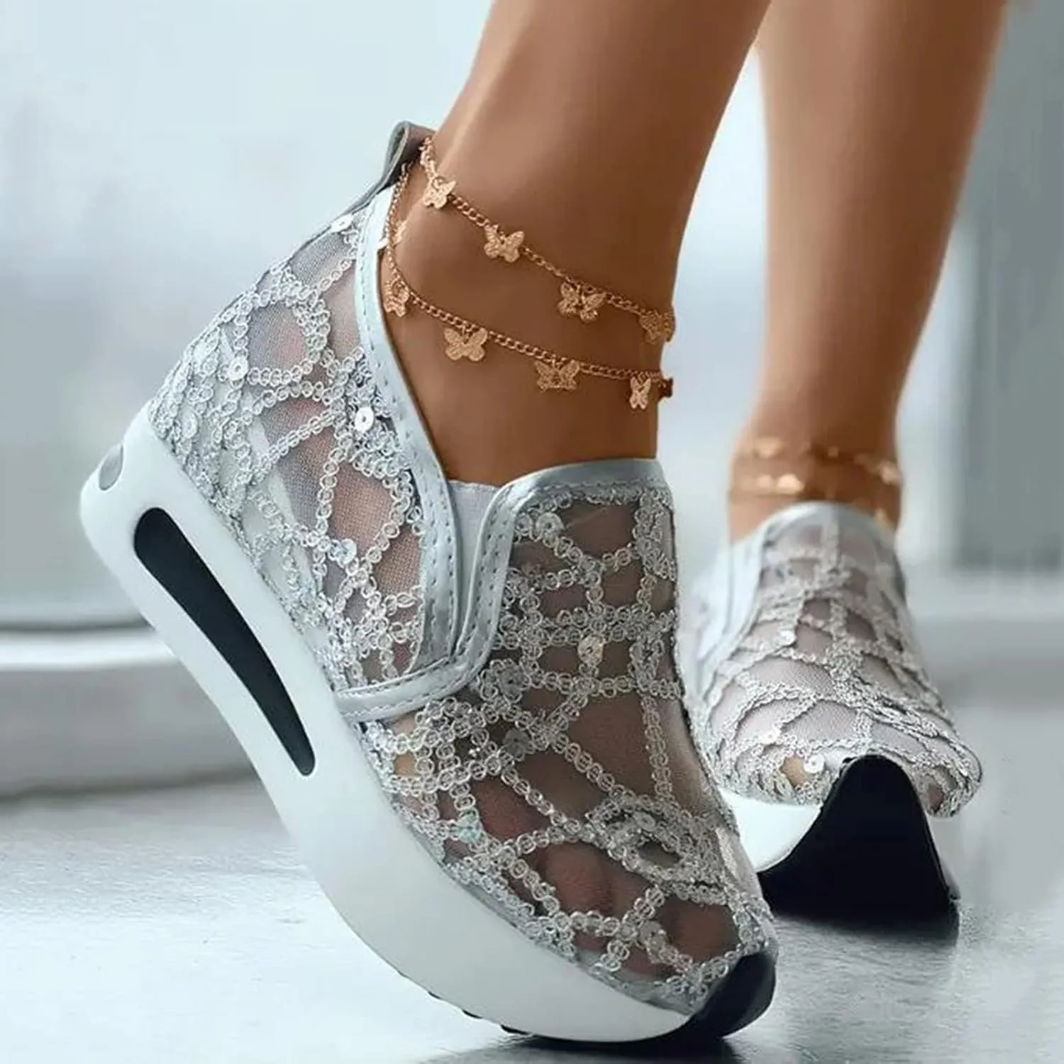 Womens Tennis Shoes Embroidery Floral Mesh Breathable Sneakers Platform Wedge Non-Slip Athletic Walking Shoes Comfort Chunky Sole Hidden High Heels Slip On Loafers