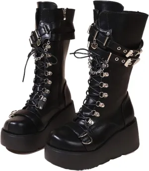 Women'S Wedge Heel Platform Gothic Calf Boots Fashion Round Toe Non-Slip Buckle Lace-Up Punk Y2k Motorcycle Combat Rider Boots