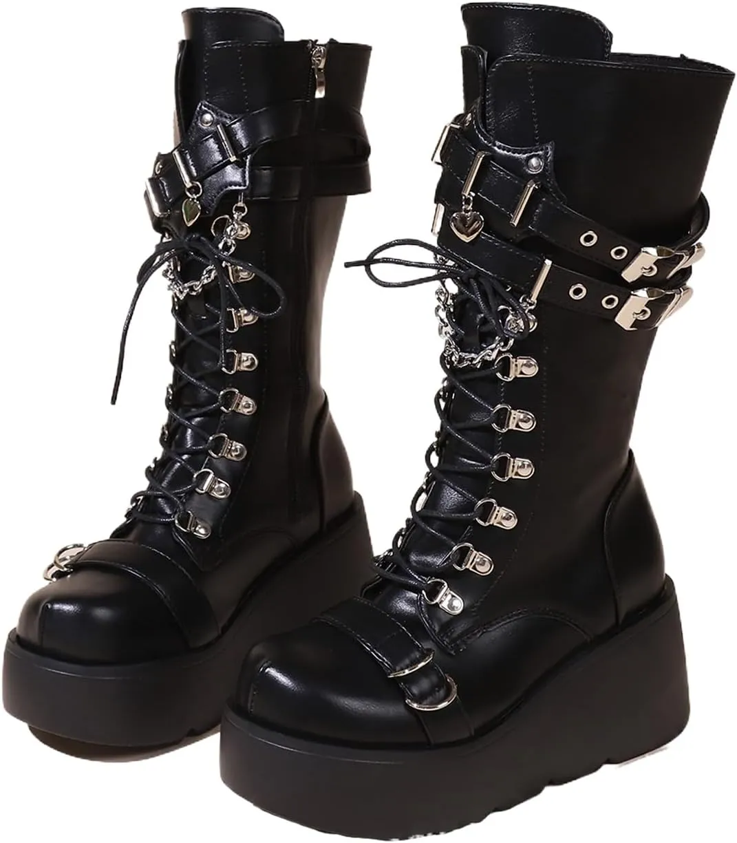 Women'S Wedge Heel Platform Gothic Calf Boots Fashion Round Toe Non-Slip Buckle Lace-Up Punk Y2k Motorcycle Combat Rider Boots