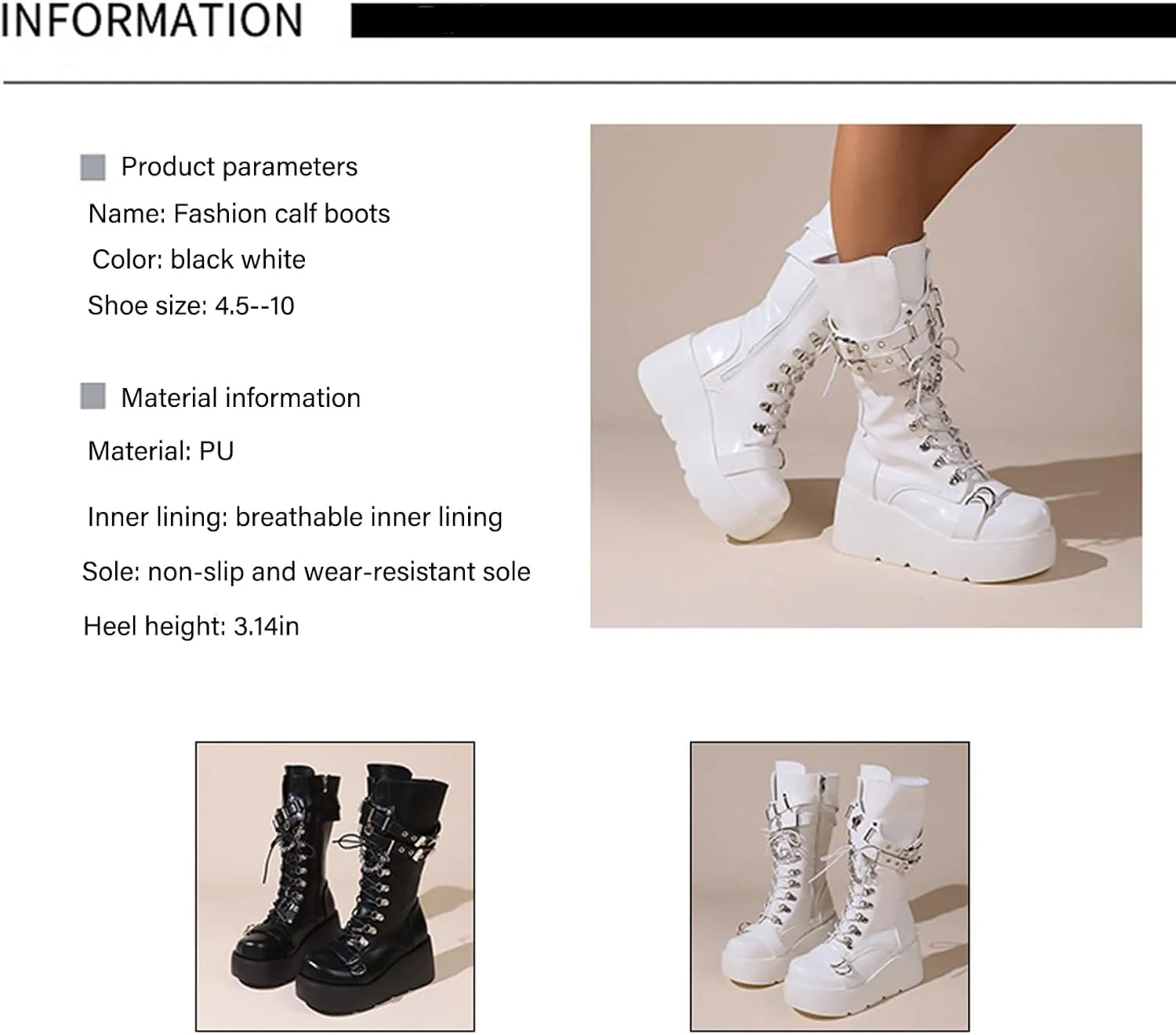 Women'S Wedge Heel Platform Gothic Calf Boots Fashion Round Toe Non-Slip Buckle Lace-Up Punk Y2k Motorcycle Combat Rider Boots