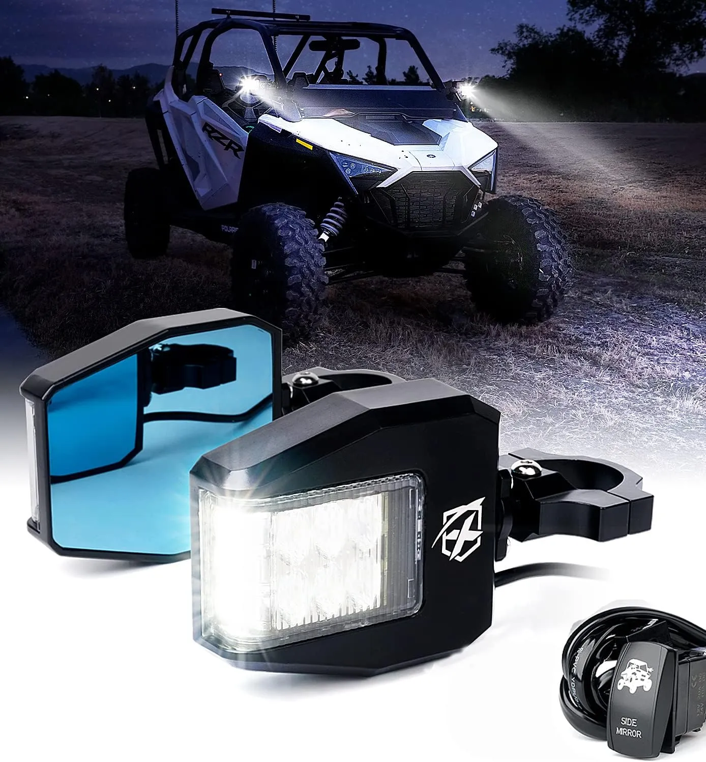 Xprite Aluminum UTV Side Rear View Mirrors Fit 1.6"-2" Roll Cage Bar, LED Spot Light Blue Anti-Glare Lens for Polaris Pioneer RZR XP Can Am Maverick X3 Kawasaki Teryx Mule, Yamaha Rhino Wolverine SXS