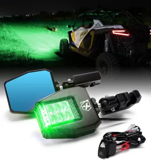 Xprite UTV Side Mirrors Aluminum with Green LED Spot Light Clear Lens Hunting Lights for 1.75"-2" Roll Cage Bar Compatible with Pioneer Polaris RZR, SXS, Can Am, Kawasaki Teryx Mule, Yamaha