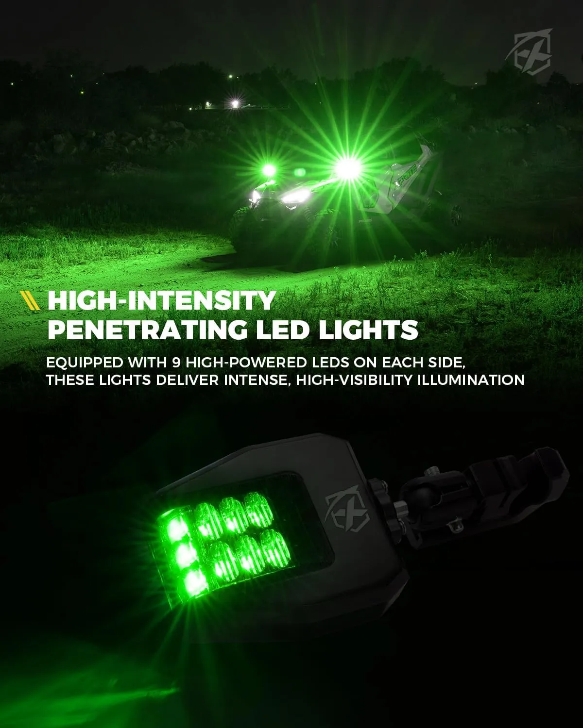 Xprite UTV Side Mirrors Aluminum with Green LED Spot Light Clear Lens Hunting Lights for 1.75"-2" Roll Cage Bar Compatible with Pioneer Polaris RZR, SXS, Can Am, Kawasaki Teryx Mule, Yamaha