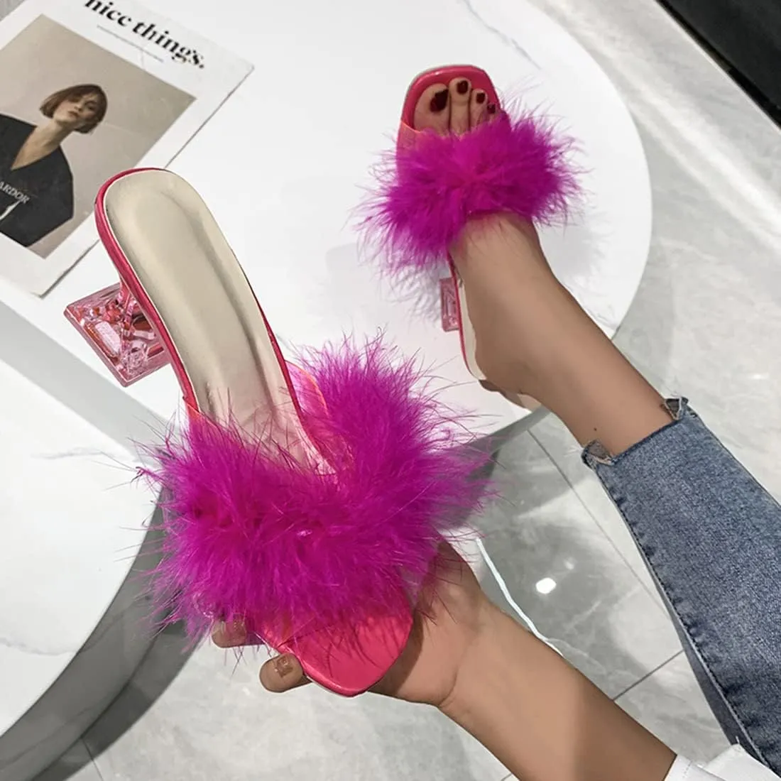 YIBLBOX Women's Fluffy Feather Square Toe High Clear Block Heel High Heels Wedding Dress Heel Sandal