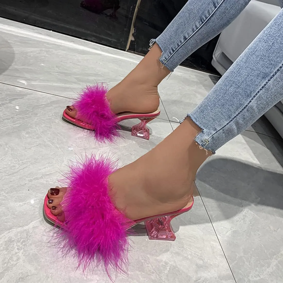 YIBLBOX Women's Fluffy Feather Square Toe High Clear Block Heel High Heels Wedding Dress Heel Sandal
