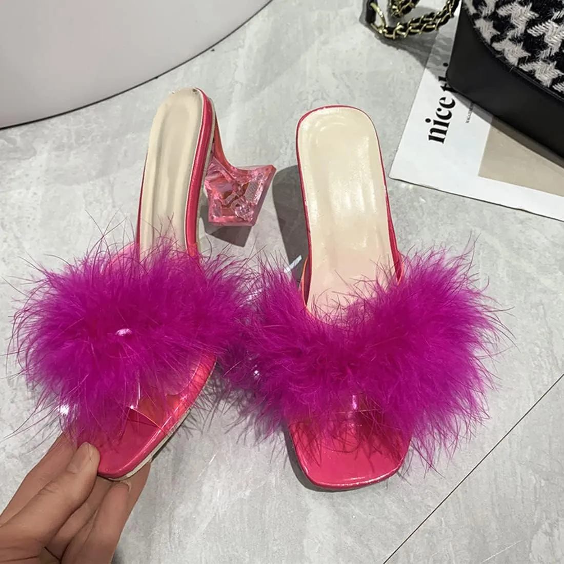 YIBLBOX Women's Fluffy Feather Square Toe High Clear Block Heel High Heels Wedding Dress Heel Sandal