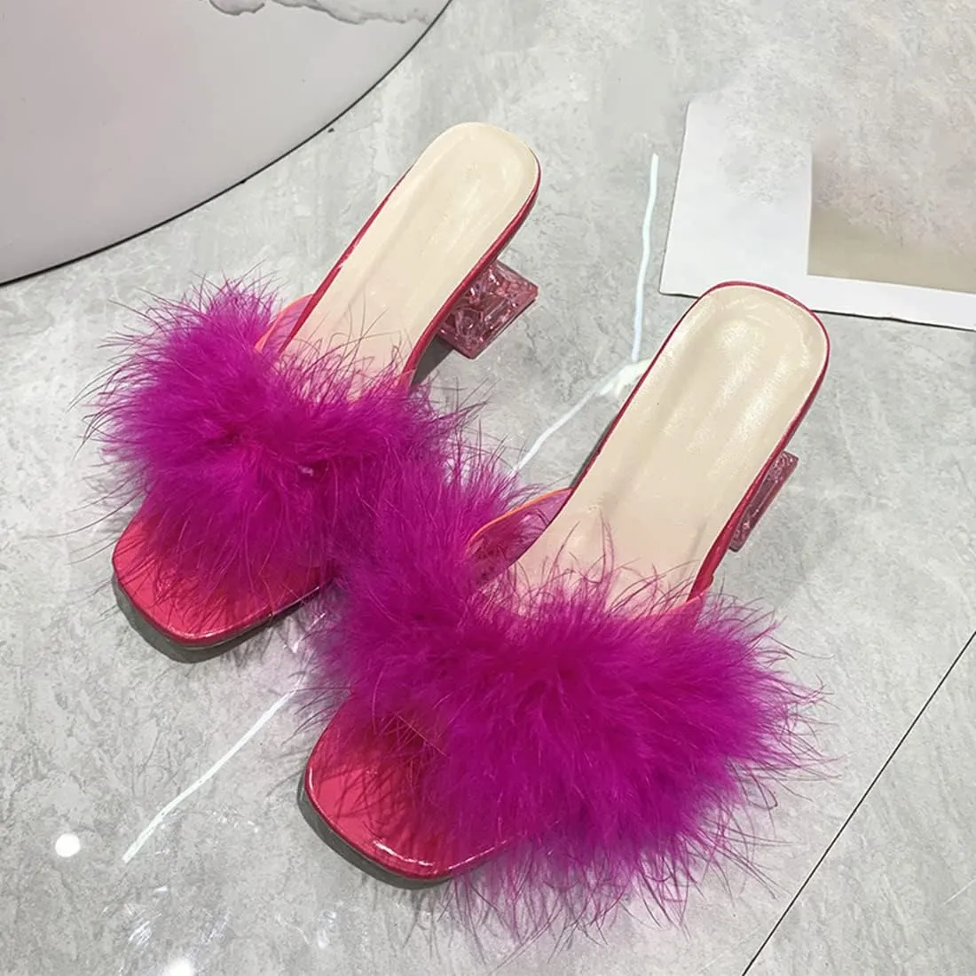 YIBLBOX Women's Fluffy Feather Square Toe High Clear Block Heel High Heels Wedding Dress Heel Sandal