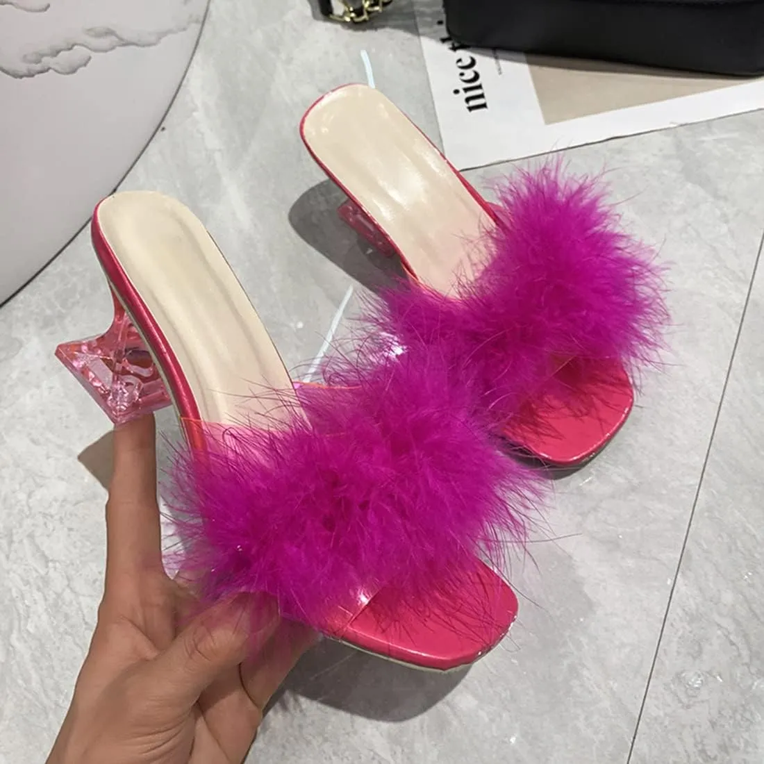 YIBLBOX Women's Fluffy Feather Square Toe High Clear Block Heel High Heels Wedding Dress Heel Sandal