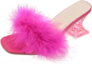 YIBLBOX Women's Fluffy Feather Square Toe High Clear Block Heel High Heels Wedding Dress Heel Sandal