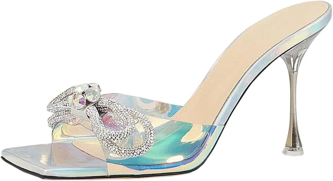 Yolkomo Women's Clear Rhinestone Double Crystal Bow Heels Square Open Toe