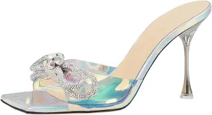 Yolkomo Women's Clear Rhinestone Double Crystal Bow Heels Square Open Toe