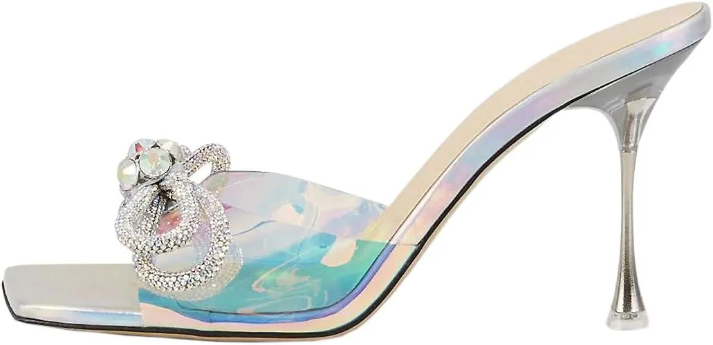 Yolkomo Women's Clear Rhinestone Double Crystal Bow Heels Square Open Toe