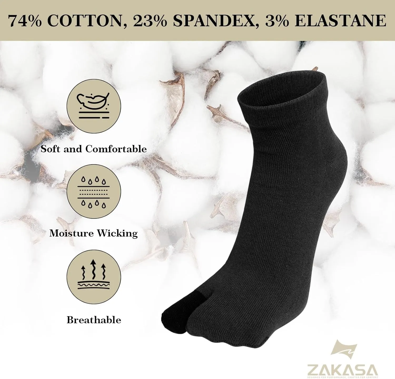 ZAKASA Men's Flip Flop Socks: Tabi Split Toe Socks Athletic Cotton Crew Wicking for Sandals Geta 5 Pairs