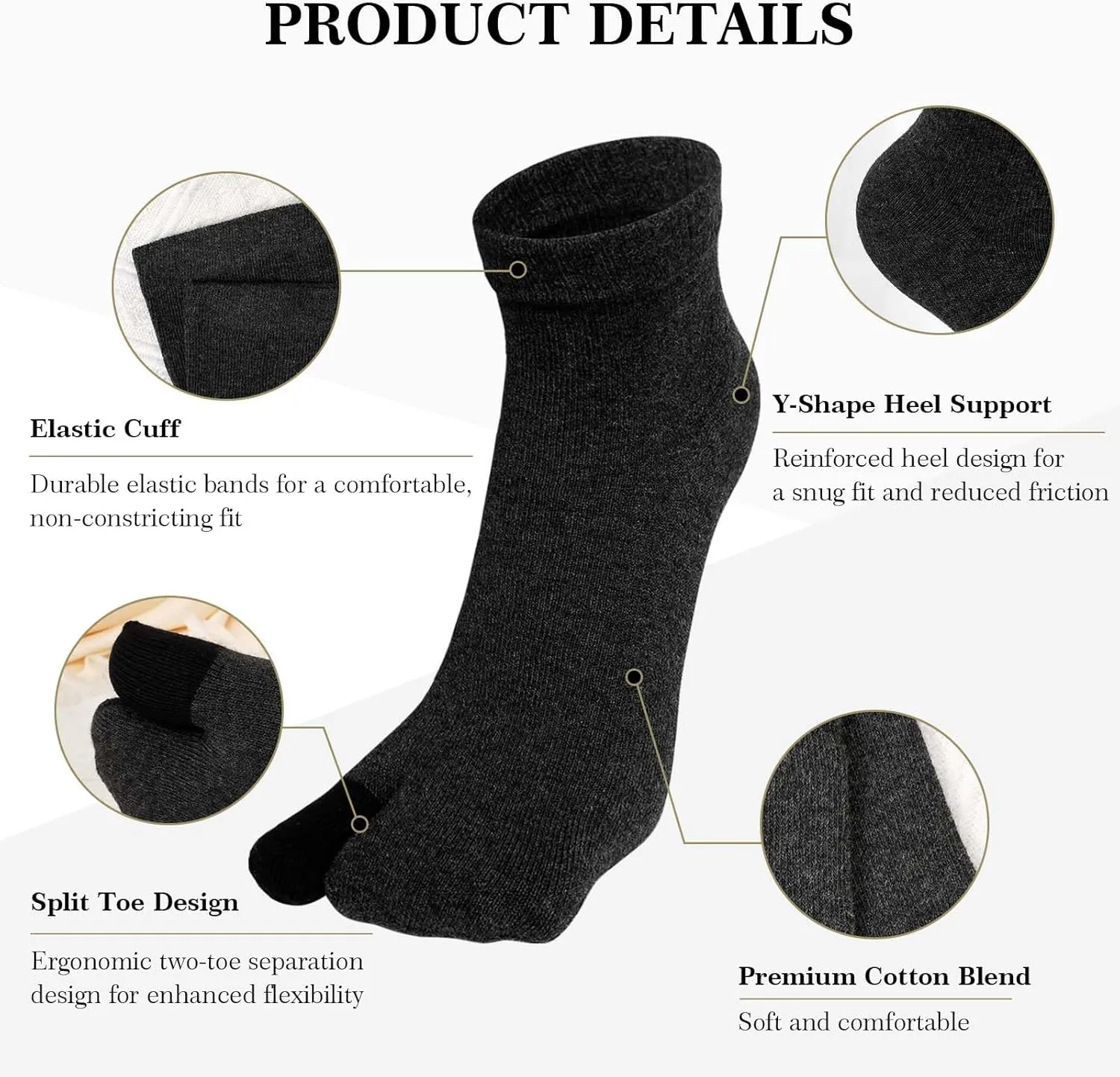ZAKASA Men's Flip Flop Socks: Tabi Split Toe Socks Athletic Cotton Crew Wicking for Sandals Geta 5 Pairs