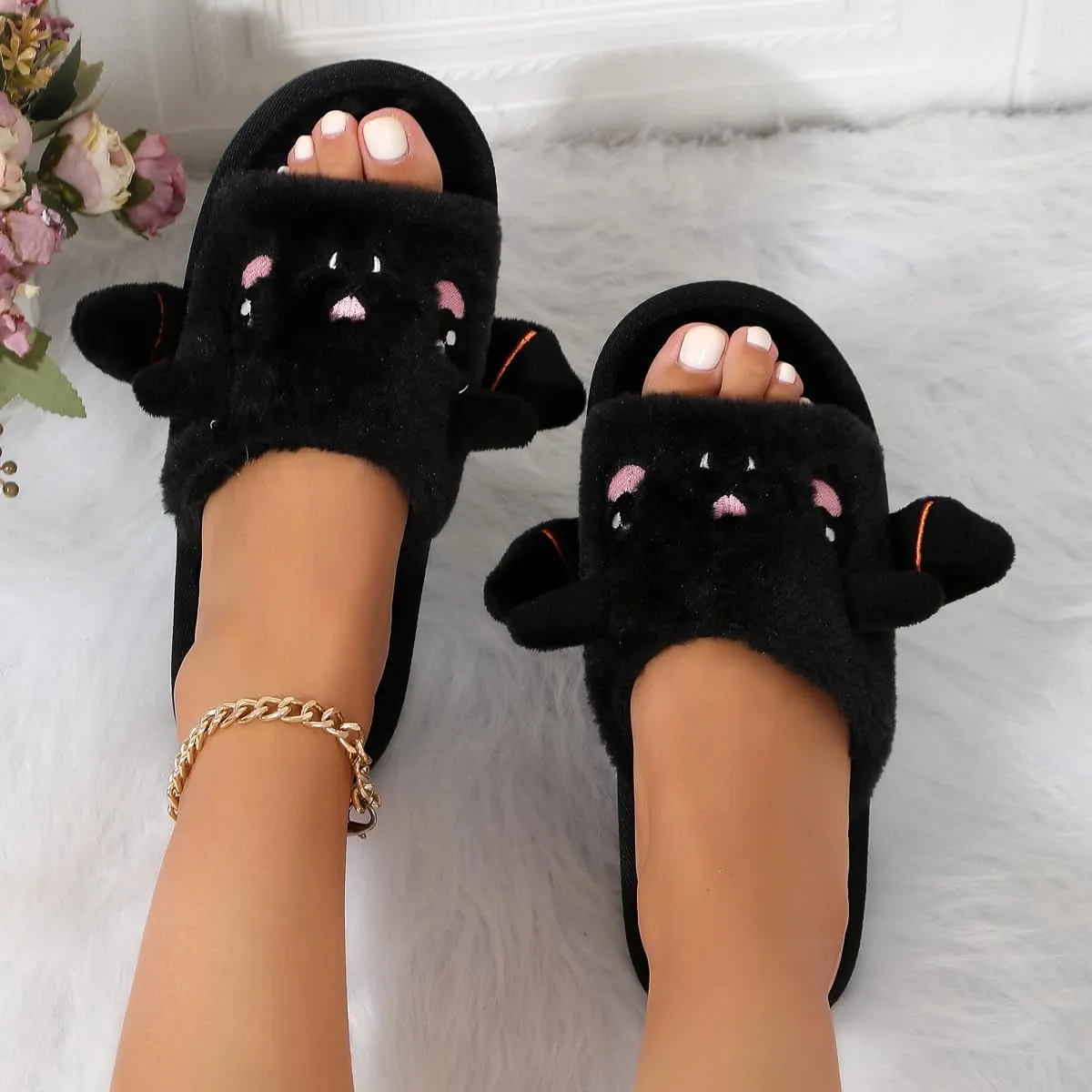 Zureto Halloween Pumpkin Slippers, Spooky Bat Slippers, Adults Fuzzy Slippers Soft Plush Cozy Open Toe Shoes