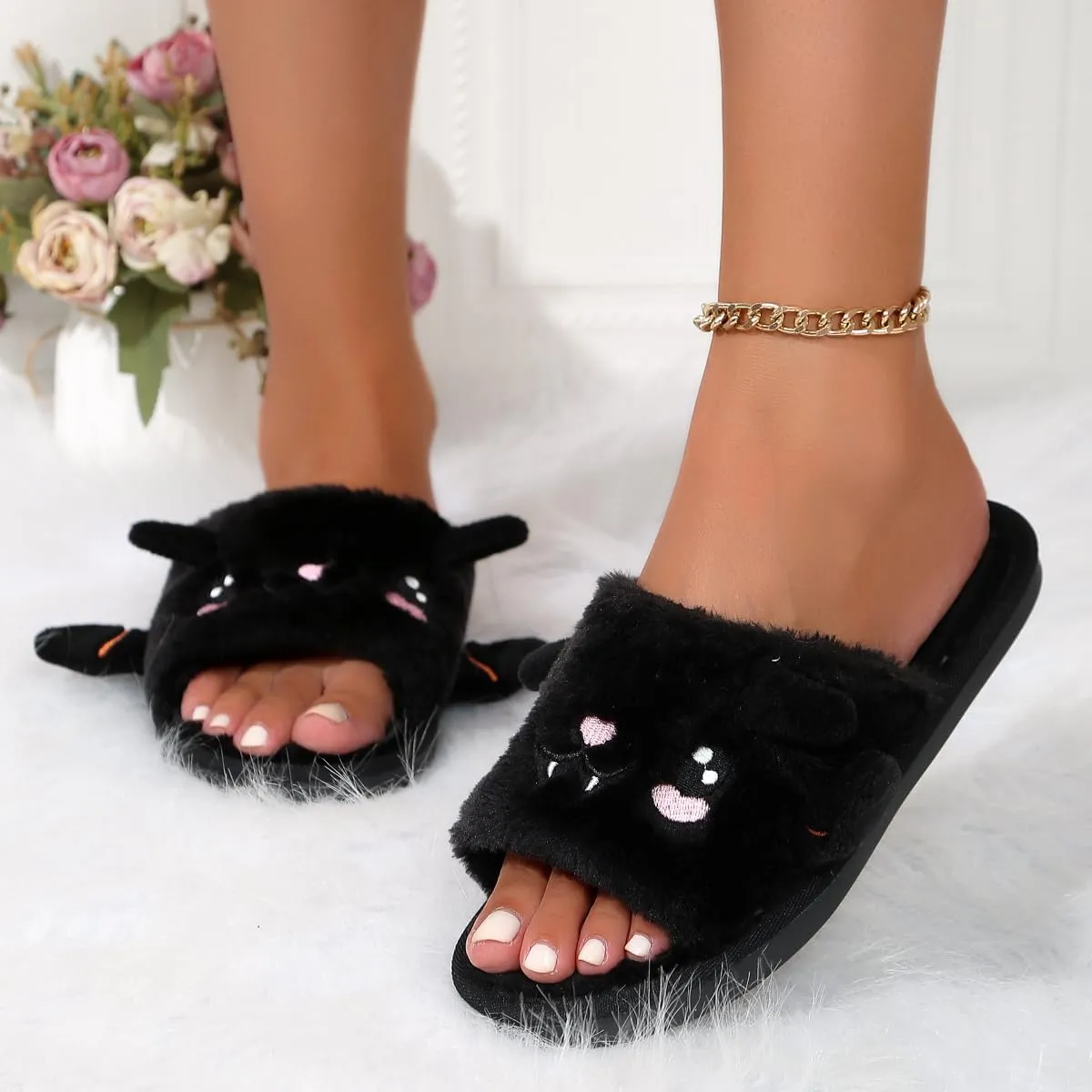 Zureto Halloween Pumpkin Slippers, Spooky Bat Slippers, Adults Fuzzy Slippers Soft Plush Cozy Open Toe Shoes