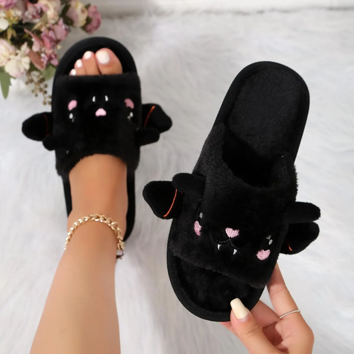 Zureto Halloween Pumpkin Slippers, Spooky Bat Slippers, Adults Fuzzy Slippers Soft Plush Cozy Open Toe Shoes